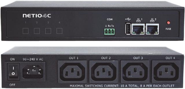 NETIO 4C V balení naleznete: Produkt NETIO 4C Stručný průvodce instalací Napájecí kabel s vidlicí Europlug (typ kabelu je vyznačen zvenku na krabici) Čelní pohled 1) 2x Konektor RJ-45 pro připojení k