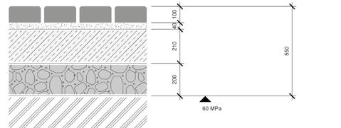 40 mm ŠD Štěrkodrť 0 63 mm, tl. 150 mm 250 POJEZDOVÉ PLOHY PRO VOZIDLA NAD 3,5 t Dlažba Ložná kamenivo frakce 4 8 mm, tl. 40 mm KS I kamenivo zpevněné cementem, tl.