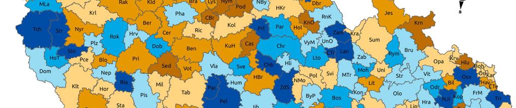 Obr. 2: Přidaná hodnota na obyvatele v období 2009-2014 (změna pořadí SO ORP v Česku) Pozn.: Kartogram zobrazuje rozdíl v pořadí SO ORP z hlediska přidané hodnoty na obyvatele v letech 2014 a 2009.