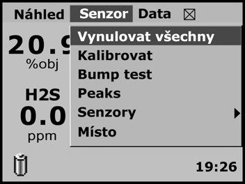 Úlohy, diagramy a příslušenství 6 Stav baterie Vynulování Kalibrace Bump Test Trojrozměrný diagram Příslušenství STAV BATERIE Stav baterie se vizuálně odráží také na ikoně baterie na obrazovce
