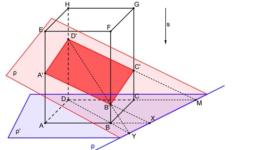 s odpovídá směru hran, například AE. Odpovídající si body jsou například body A, A. Osa o je průsečnice rovin ρ, ρ a odpovídá průsečnici roviny podstavy a roviny řezu. Obrázek 3.