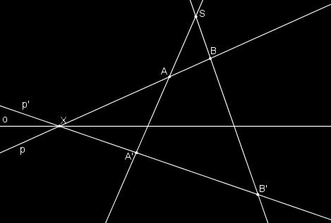 střed kolineace S. Vzory bodů se značí A, B, C,..., obrazy bodů A, B, C,.