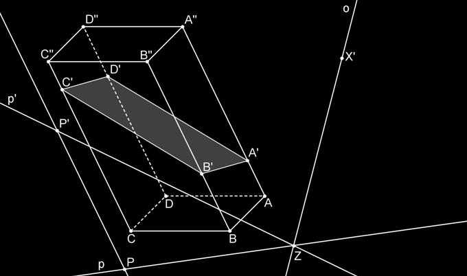 Postupujeme stejně, pokud je úkolem sestrojit řez kosého hranolu. Příklad: Mějme dán kosý čtyřboký hranol s podstavou ABCD. Rovina řezu α je určena bodem X a přímkou p.