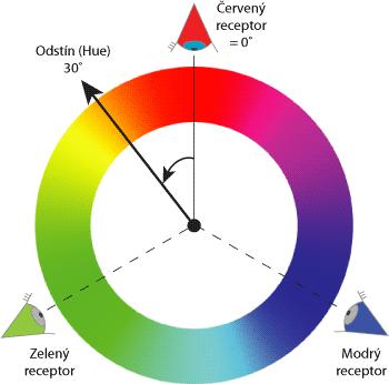 Odstín barvy (hue) Díky reprezentaci barev pomocí kola je možné odstín barvy (Hue) vyjádřit jako úhel ve stupních od 0 do 360.
