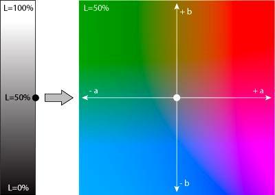 Barevný model Lab (L*a*b) Model Lab používá opět 3 složky pro popis barvy s významem: Světlost (Lightness, L), která v rozsahu 0 až 100 popisuje světlost bodu.