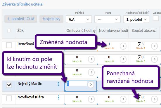 - Většina sloupců v závěrce třídního učitele má po kliknutí na záhlaví příslušného sloupce možnost vyplnit danou hodnotu pro všechny žáky hromadně skrz funkci Nastavit stejnou hodnotu pro celý