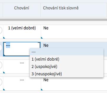 b) Doplnění známky z chování - Známky z chování lze doplnit pro každého studenta zvlášť, tak jak je vidět na předchozím obrázku.