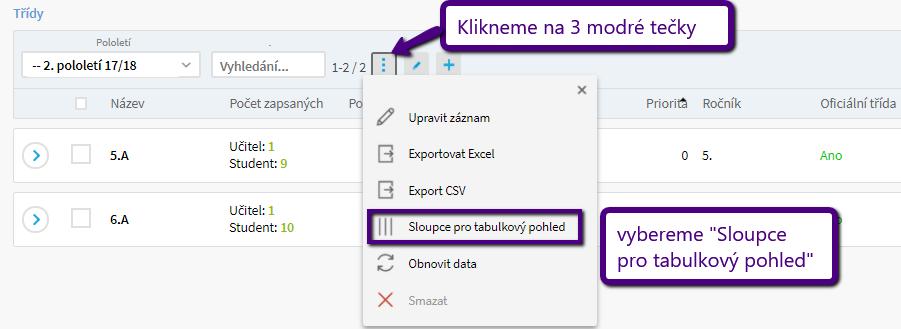 A budou mít žáci u pole Třída napsáno III.A a třída 5.A bude mít ve stejném poli napsáno V.A, atd.. Dále je možné nastavit způsob tisku na vysvědčení pro třídy.