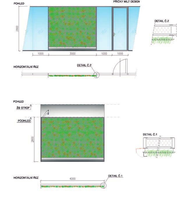 Konstrukce Zelená stěna může být součástí stěny (obr.1), nebo může být samostatně stojícím dělícím prvkem (obr.2). Je zpravidla osazena v příčce MiltDesign, nebo na jiné nosné konstrukci.