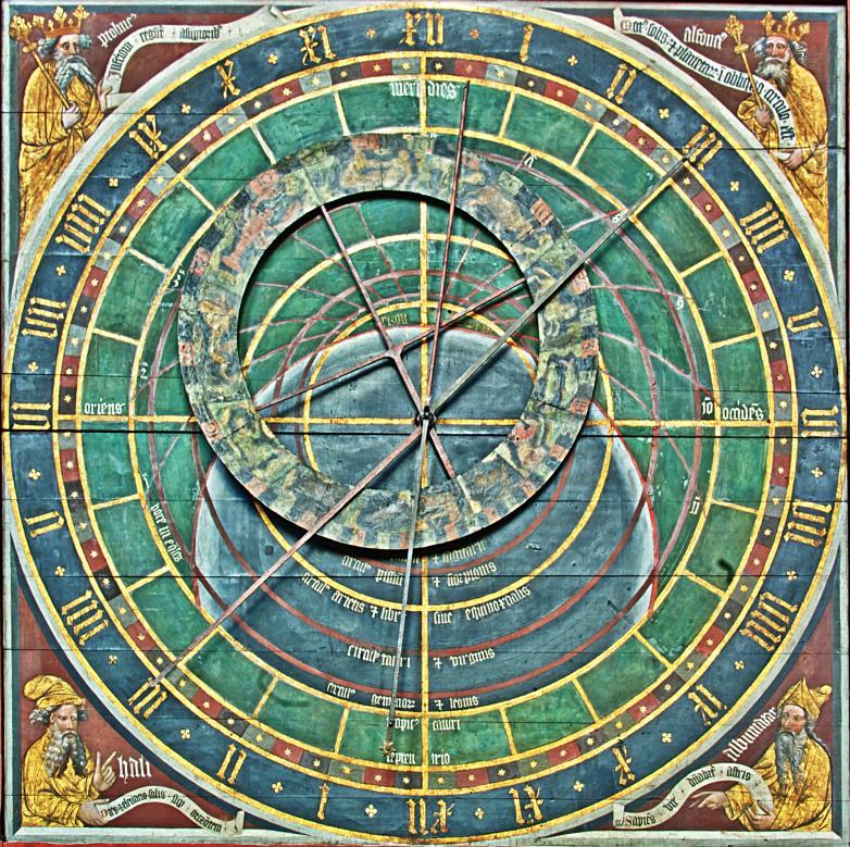Obr. 23. Podoba astrolábové desky orloje ve Stralsundu (1394). Poznámky 1 Ruka, ukazující čas, je zhotovena z mědi.