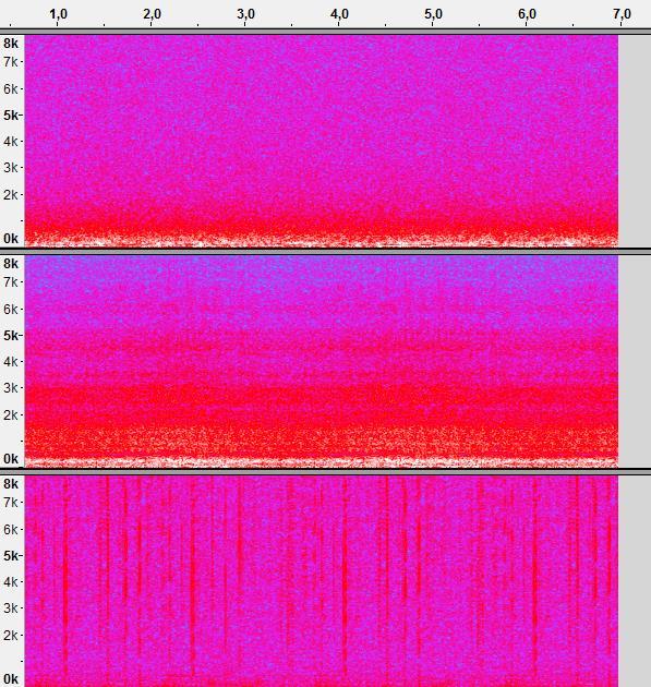 Obr. 5.7: Spektrogramy všech tří šumových signálů (osa x čas [s]; osa y frekvence [Hz]; osa z PSD [db/hz]) v pořadí: 1) Cassette Tape 2) Computer Fan 3) Vinyl 5.