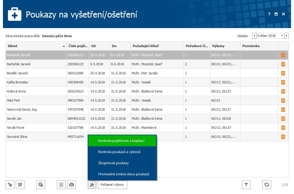 2. Klepnu na tlačítko Operace a z nabídky zvolím Kontrola pojišťoven a kapitací. 3.