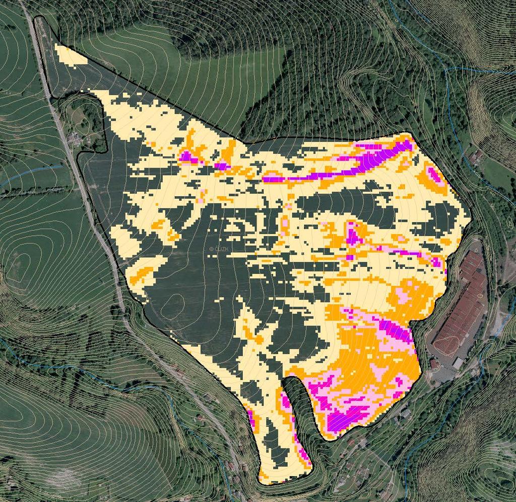 Obr. 7. Ukázka mapy ohroženosti zájmového území vodní erozí 5.6.3. Erozní ohrožení dle DZES v LPIS V rámci DZES 5 (LPIS) bude půdní blok od 1.1.2019 celý zařazen do kategorie MEO mírné erozní ohrožení.