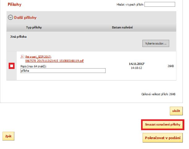 Obrázek 24: Výmaz uložených příloh Po nahrání elektronicky podepsané zprávy popř.