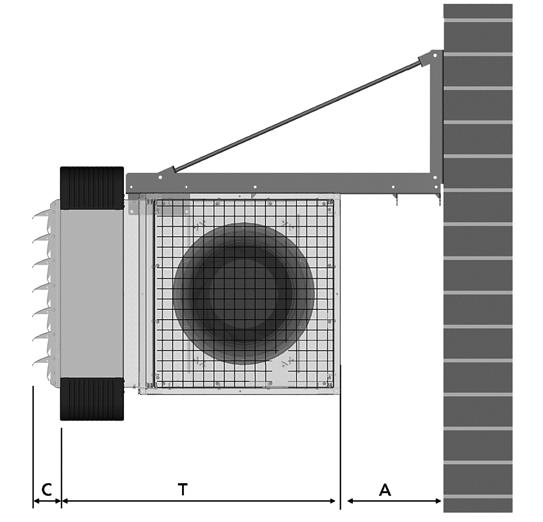 Technická data Rozměry jednotky Na obr. je znázorněn příklad montáže jednotky na stěnu prostřednictvím závěsu Modular.