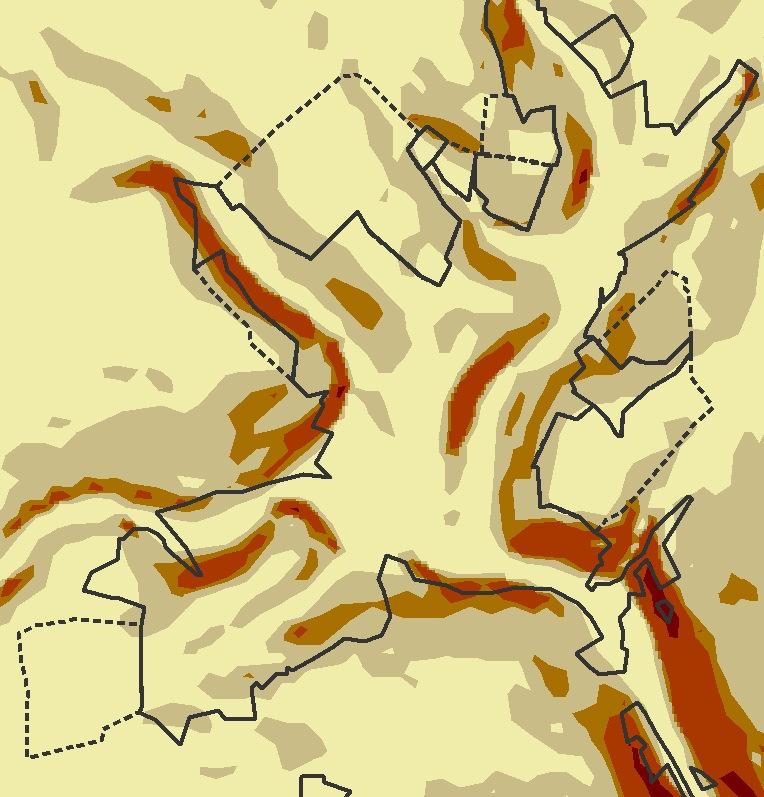 (a) zastavěné plochy (šedá linie) a zastavitelné plochy (šedá šrafa) nad přesnějším sklonem