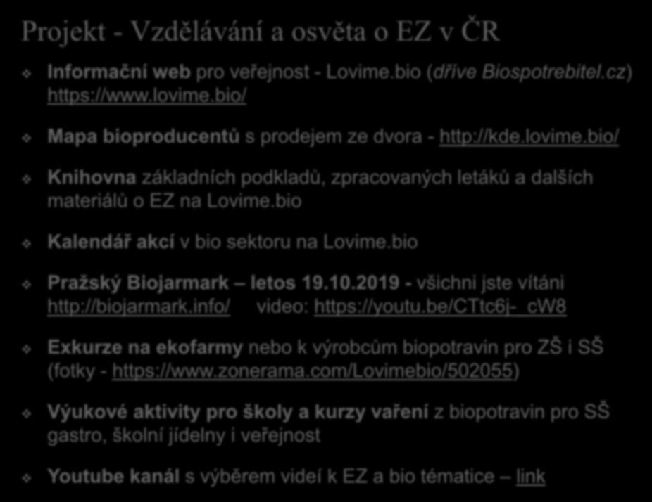 Projekt - Vzdělávání a osvěta o EZ v ČR Informační web pro veřejnost - Lovime.bio (dříve Biospotrebitel.cz) https://www.lovime.
