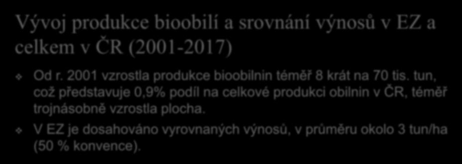 Vývoj produkce bioobilí a srovnání výnosů v EZ a celkem v ČR (2001-2017) Od r.