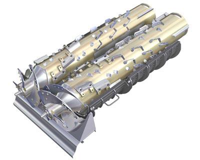 Axiální mechanismus se dvěma podélnými rotory používá firma New Holland na sklízecích mlátičkách řady CR9000.