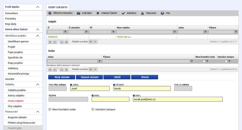Snímek obrazovky se zobrazením záložky Osoby projektu Checkboxy označující statutární zástupce nebo kontaktní osobu 6.2.
