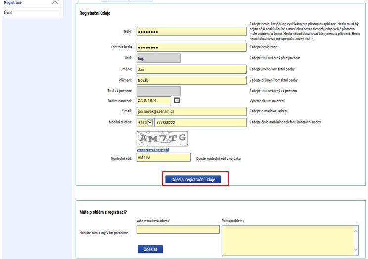 Snímek registračního formuláře pro uživatele v aplikaci IS KP14+ Po vyplnění registračních údajů (heslo si doporučujeme