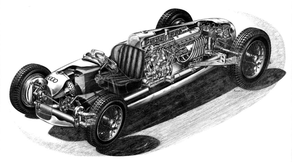 NADVLÁDA VOZŮ MERCEDES-BENZ A AUTO UNION 1934 1940 Obr. 5.4 Částečný řez vozem Auto Union B [54] Nástupcem modelu B se stal model C.
