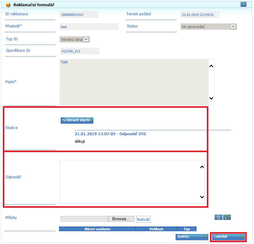Po vybrání reklamace vyžadující reakci se zobrazí formulář pro odpověď.
