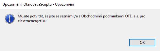 V tomto případě klikněte na tlačítko OK a zaklikněte checkbox, potvrzující seznámení s Obchodními podmínkami OTE a. s. a pokračujte podepsáním formuláře. 2.1.