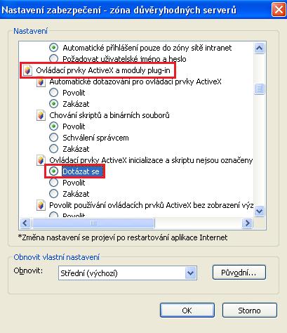 Na následující obrazovce je nutné zkontrolovat nastavení pro inicializaci ActiveX