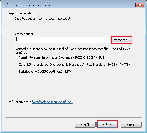 zaškrtnutou možnost Všechny certifikáty umístit v následujícím úložišti.