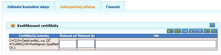 Následně se zpřístupní další záložky u nově vytvořené osoby pro dokončení přístupu: Záložka Zabezpečený přístup slouží pro vložení veřejného klíče certifikátu.