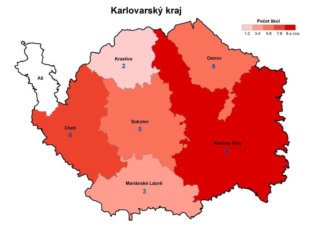 3 ZÁKLADNÍ ŠKOLY 3.1 Charakteristika respondentů průzkumu V rámci Karlovarského kraje se do průzkumu zapojili představitelé základních škol rovnoměrně z více částí celého regionu (viz Obrázek 1).