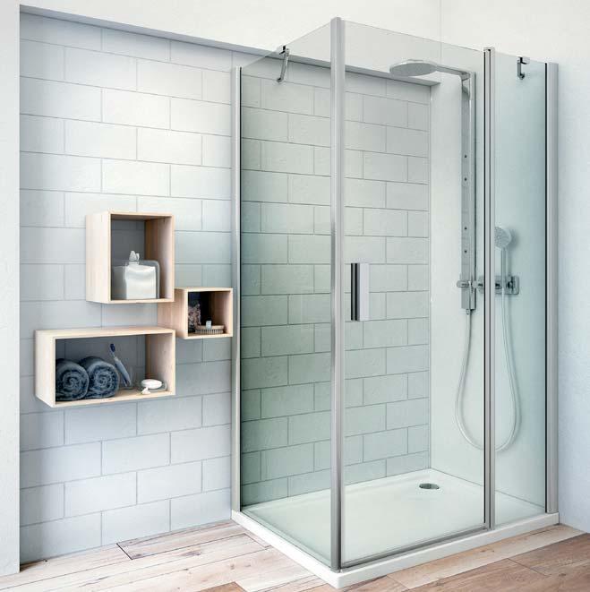 sprchový kout s jednokřídlými otevíracími dveřmi a pevnou stěnou nano ochrana skla Jeden typ dveří pro všechny kombinace rohový vstup s dvoukřídlými dveřmi jednokřídlé dveře s boční stěnou
