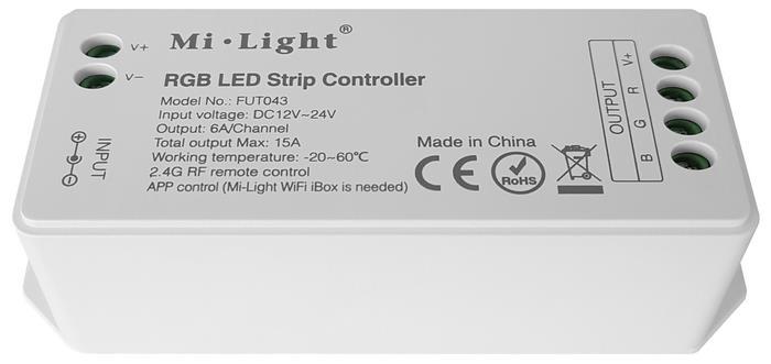Elektrické zapojení regulátoru osvětlení FUT043A: Na regulátor osvětlení FUT043A je možno napojit pouze RGB (barevný) LED pásek.