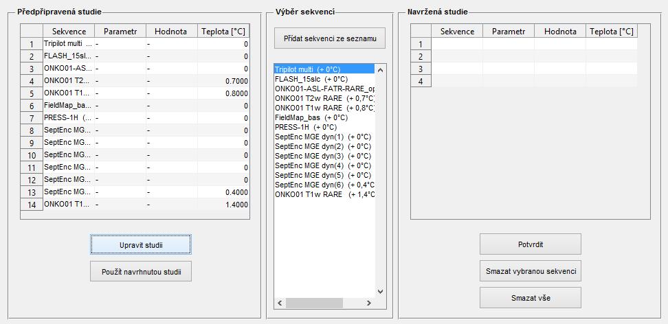 plánování řazení sekvencí. Obr. 37: Panel pro výběr a úpravu předem zvolené experimentální studie. Integrovanou funkcí programu je i upozornění experimentátora na zvýšenou teplotu myši.