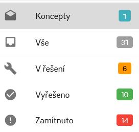 2 Řazení, třídění V rámci vybraných funkcionalit je možné se na levé liště přepínat mezi jednotlivými podsložkami požadavků, obvykle seskupenými podle stavu zpracování. Např.