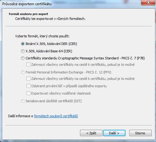6. Vyberte volby dle obrazovky a klikněte další 7. Vyberte soubor, do kterého uložíte certifikát.