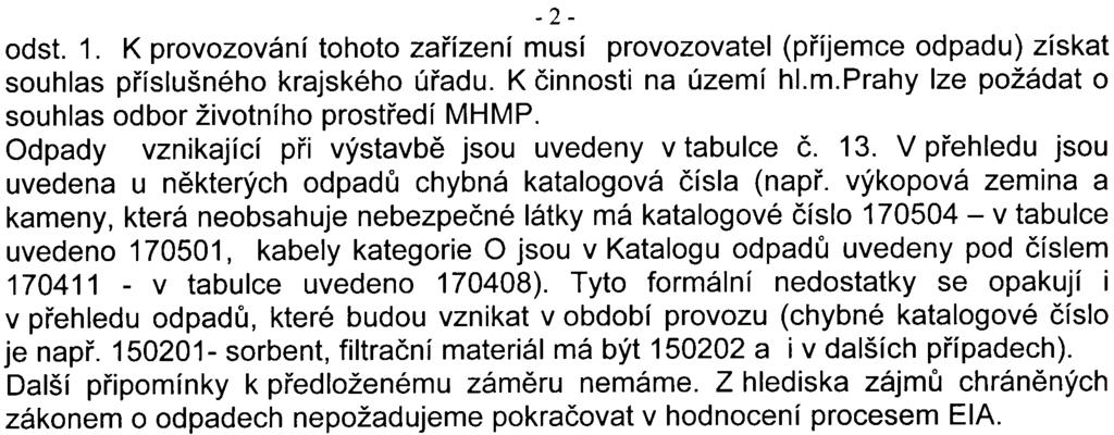 - 2 - odst. 1. K provozování tohoto zaøízení musí provozovatel (pøíjemce odpadu) získat souhlas pøíslušného krajského úøadu. K èinnosti na území hl.m.prahy lze požádat o souhlas odbor životního prostøedí MHMP.