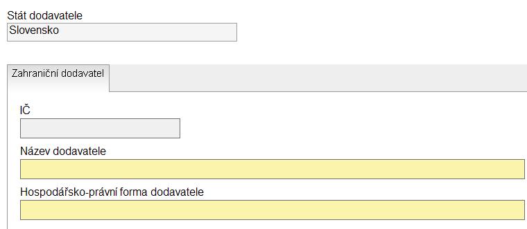 . Následně je Pokud výherní dodavatel není z ČR, vyplňte pole IČ (nepovinné), Název dodavatele a
