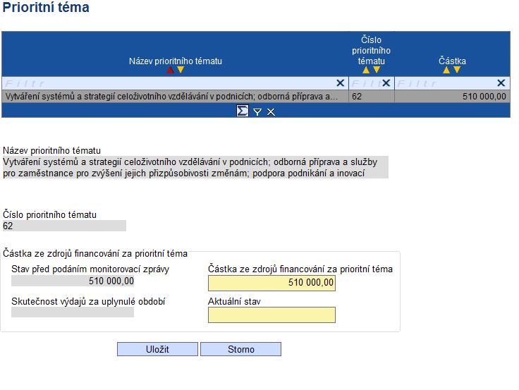 3.5.12. Prioritní téma Pole Název prioritního tématu, Číslo prioritního tématu a Stav před podáním monitorovací zprávy se naplní automaticky z IS Monit7+.