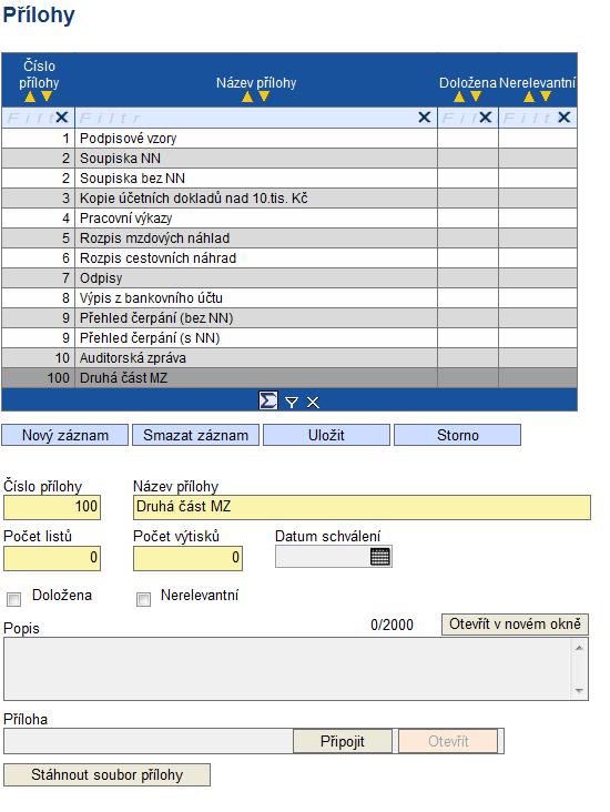 3.5.14. Přílohy Na této záložce příjemce potvrzuje, že předloží povinné přílohy k MZ. Případně může uvést, že daná příloha není u jeho MZ relevantní.