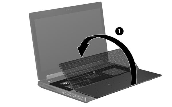 9. Vrácení klávesnice zpět: a. Zvedněte klávesnici a otočte ji (1) tak, aby spočívala na šasi počítače. b.