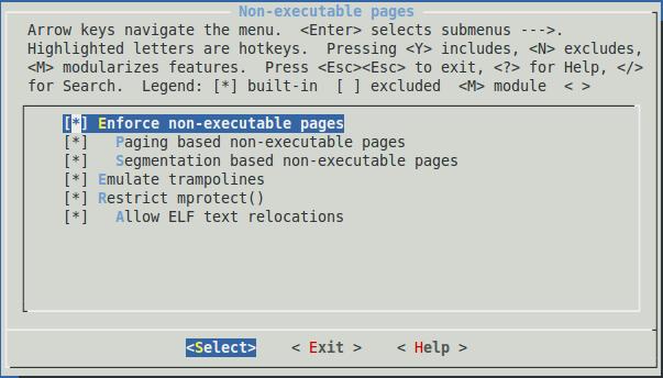 Konfigurace Non-executable pages CONFIG_PAX_ NOEXEC PAGEEXEC SEGMEXEC EMUTRAMP - Y paxctl, povolení trampolín u programů