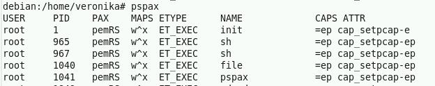 pspax součástí pax-utils zobrazí ELF/PaX informace o běžících procesech paxtest otestování konfigurace