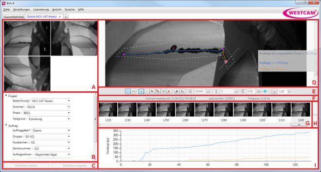 monitoring zkušebního místa včetně detekce a sledování trhlin Synchronizováno s budící frekvencí Automatické zjišťování