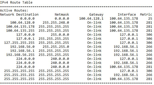 Obr. 1.5: Příklad směrovací tabulky systému Cisco IOS. Obr. 1.6: Příklad směrovací tabulky systému Windows.