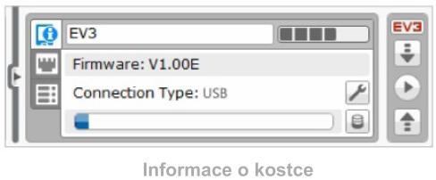 Informace o kostce (Brick Information) Záložka zobrazuje základní informace o aktuálně připojené EV3 kostce jako je: název kostky, stav baterie, verze firmwaru, typ připojení a kapacita paměti.