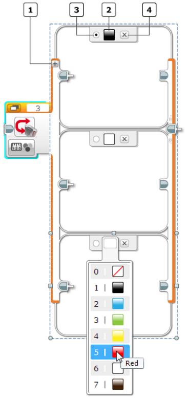 Multiple Swith v některých případech, je-li vhodné přepínat do více větví, je řešením Multiple Swith Multiple Switch se nabídne v režimech: Brick Buttons Color