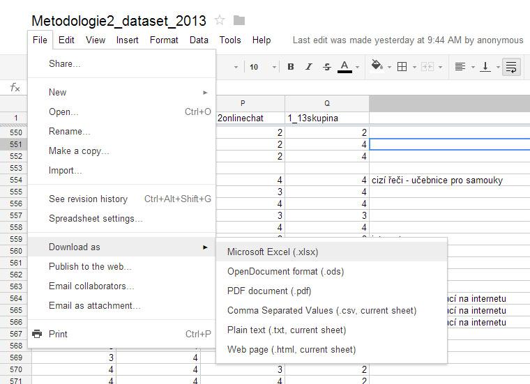 Stažení tabulky V tomto semestru budeme pracovat se souborem, který jsme si společně vytvořili v Google dokumentech. Většinu operací, které budeme používat, lze provádět přímo v Google Spreadsheets.
