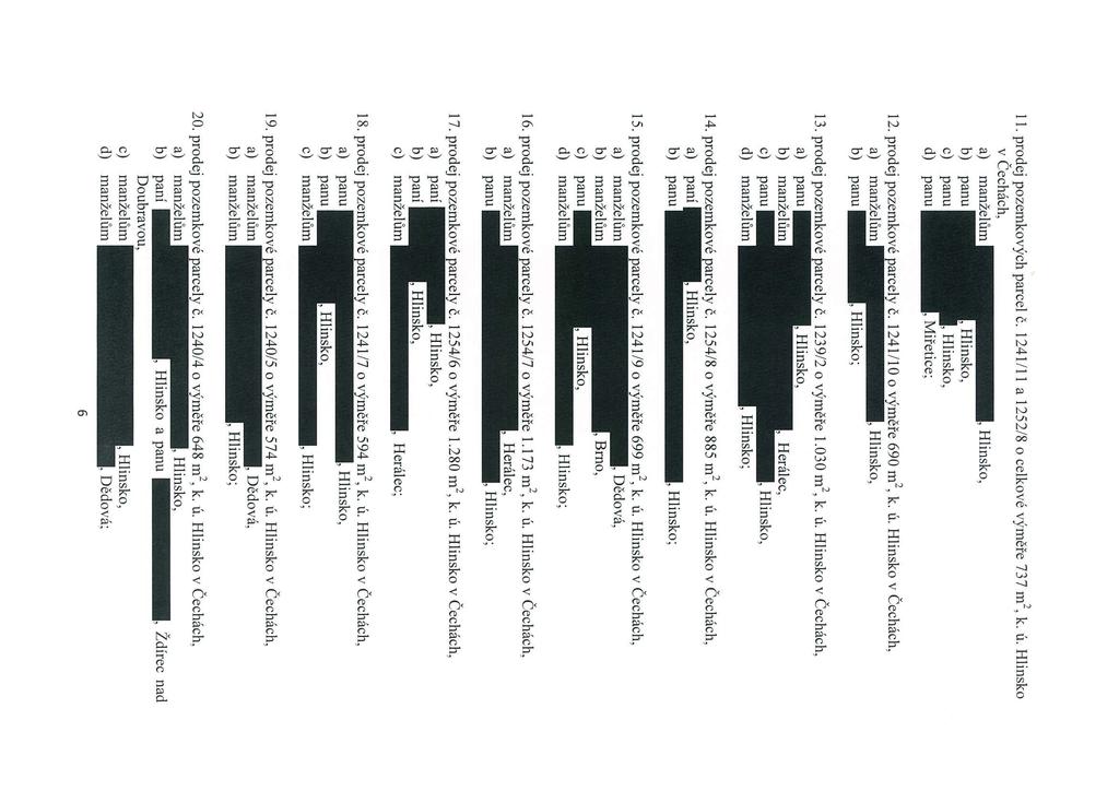11. prodej pozemkových parcel č. 124111 a 1252 8 o celkové výměře 737 rn2, k. ú. Hlinsko v Čechách, a) manželum b) panu c) panu d) panu Miřetice; 12. prodej pozemkové parcely Č.